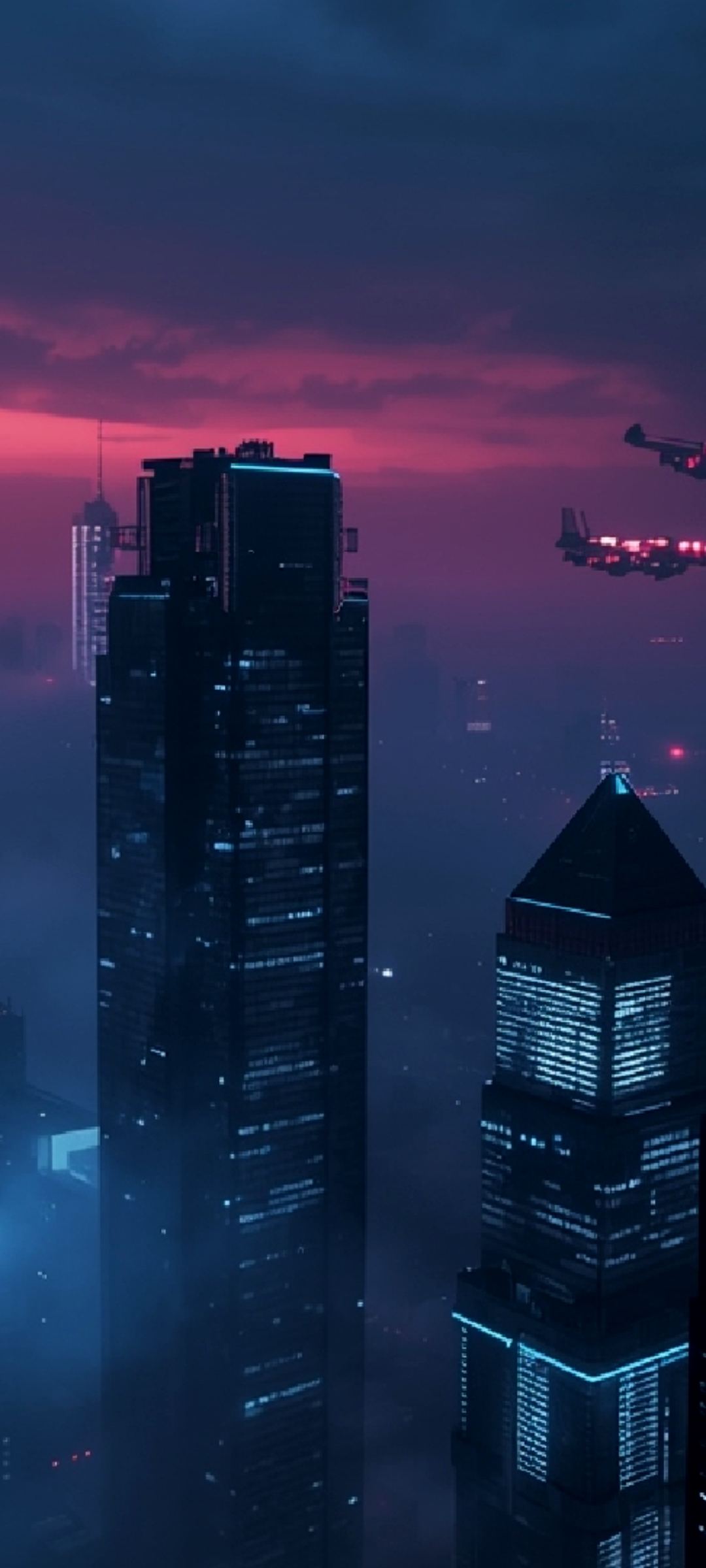 Neon lit sky scrappers with fog and flying cars mobile